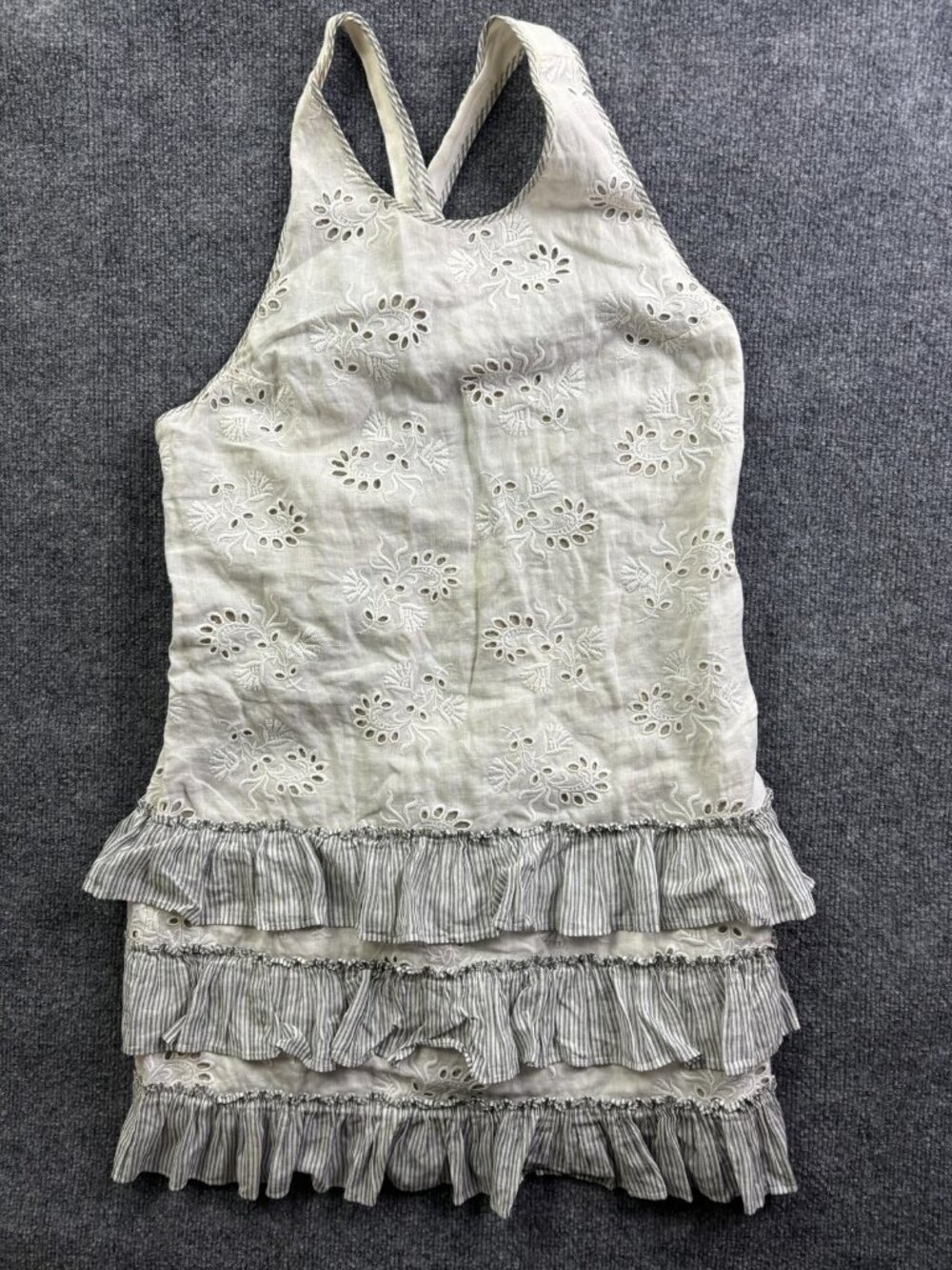 Rebecca Taylor Dress Womens 12‎ White Eyelet Halter Striped Ruffle Sundress